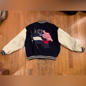 Men's East West Flag Wool Leather Navy and Cream Varsity Jacket
